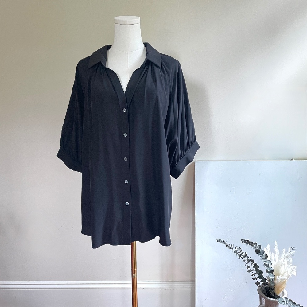 Lafayette 148 Sz 18 Silk Blouse Split Sleeve Button Luxury Minimalist Office Top